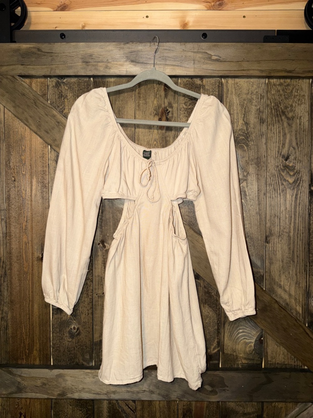 wild fable Beige Cotton Midi Dress with Cut Out and Tie Neck